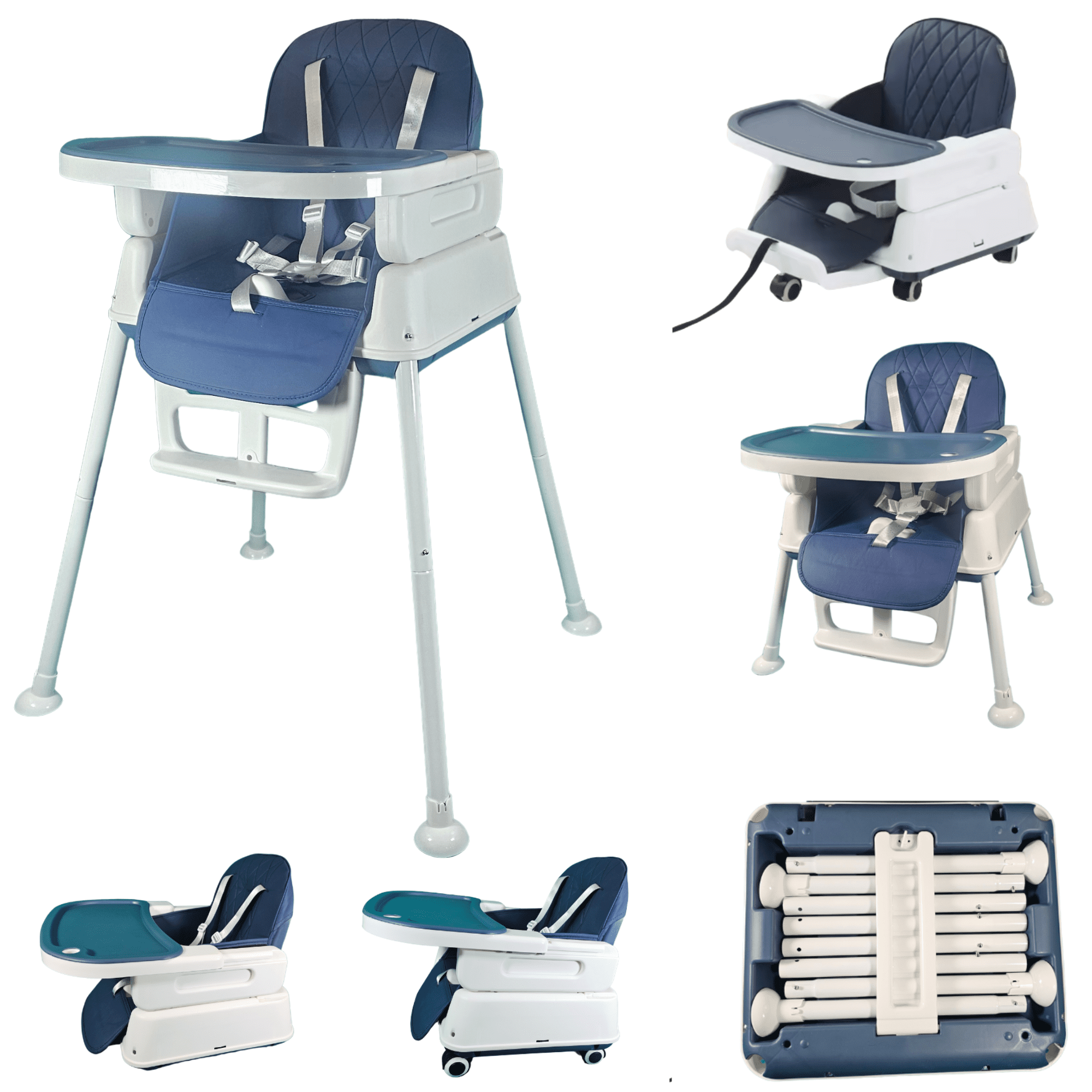 7-in-1 Convertible Baby High Chair – Adjustable Infant Feeding Chair w/ Booster Seat, Recline, Removable Tray, Machine-Washable Cushion, 5-Point Harness, Portable, Easy to Fold Baby Chair (Dark Blue)