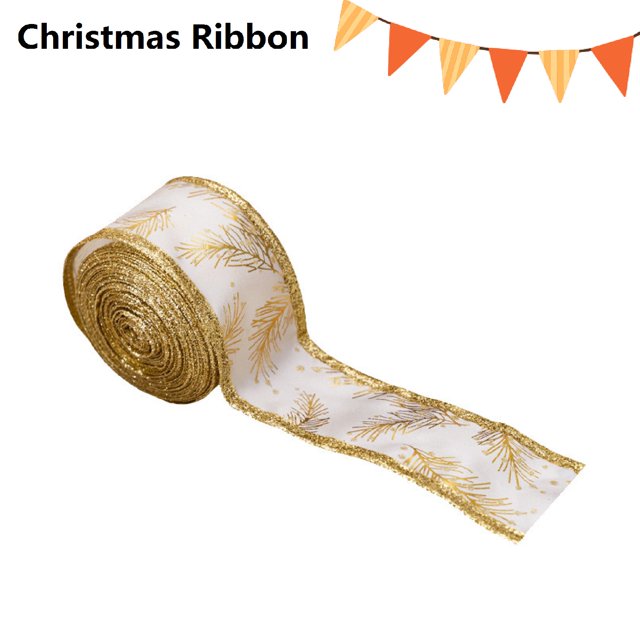 TopLLC Christmas Ribbon Wired, Christmas Decorations 5.5 Yards 2 inch Gold Pine Needles Wired Edge Ribbon, Glitter Christmas Tree Decorative Ribbon Fabric Craft Ribbon for Gift Wrapping Bow Wreath