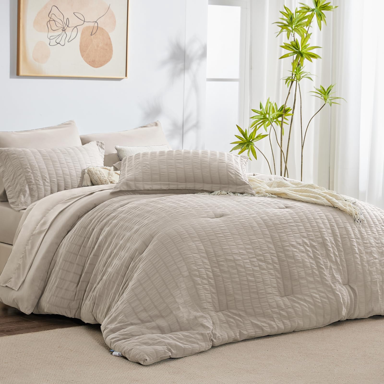 CozyLux Queen Seersucker Comforter Set with Sheets Beige Bed in a Bag 7-Pieces All Season Bedding Sets with Comforter Pillow Sham Flat Sheet Fitted Sheet Pillowcase