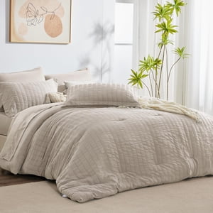 CozyLux Queen Seersucker Set de confort avec draps Beige Bed dans un sac 7-Pieces Ensembles de draps toutes saisons avec oreiller plus confortable Sham feuille plate