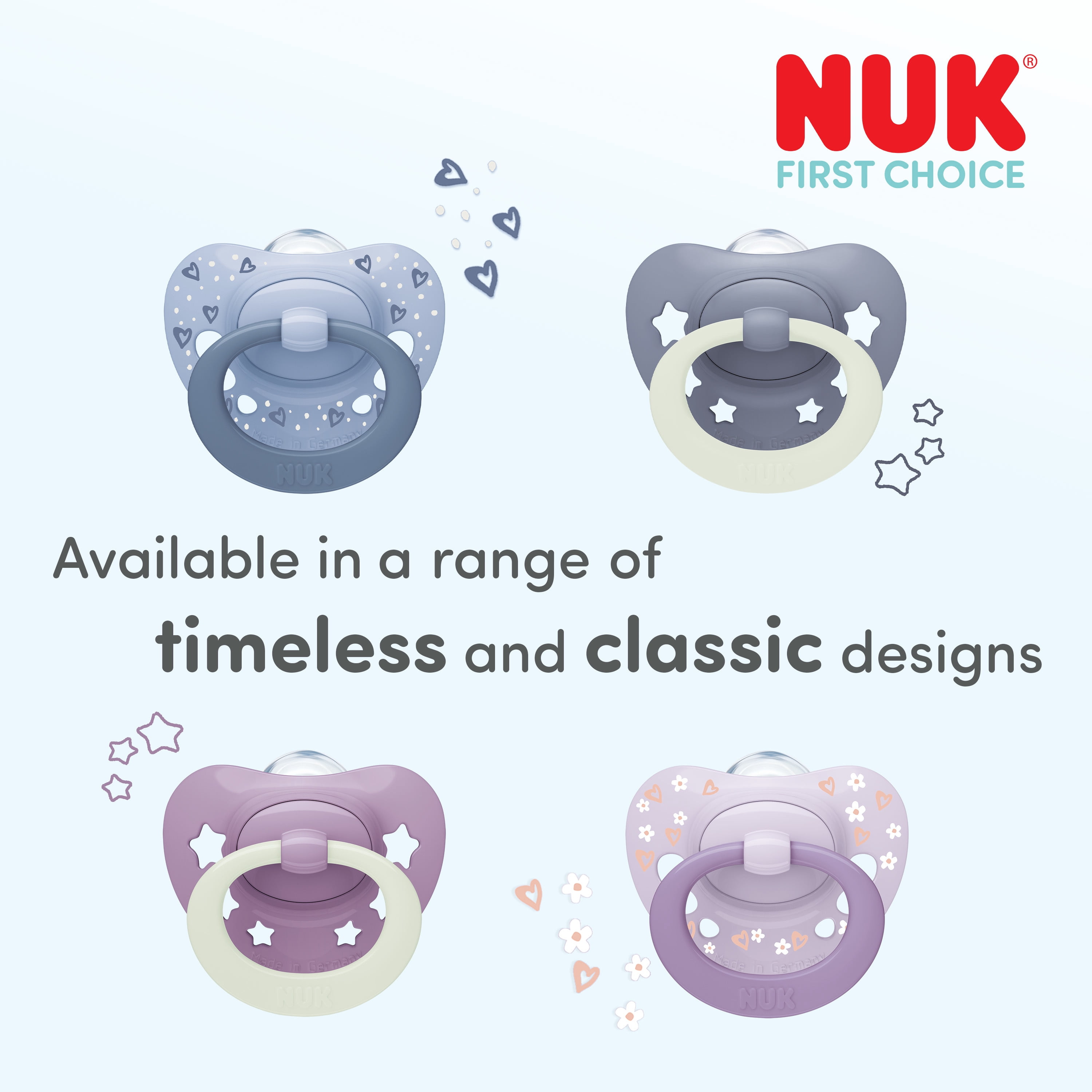 NUK First Choice Classic Night Baby Pacifiers, 6-18 Months, Orthodontic Pacifiers that Glow in the Dark, 95% Baby Acceptance**, Blue, 2 Count
