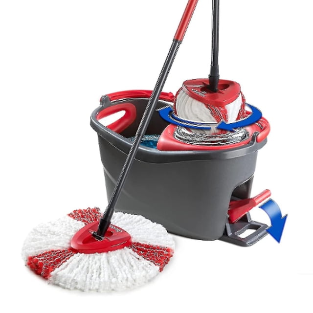 Swivel Mop Red with microfiber mop head and foot-operated wringer system, compatible with Vileda and O-Cedar brands. Includes a red mop bucket, ergonomic handle, and mop accessories for chemical-free cleaning on various floor types.