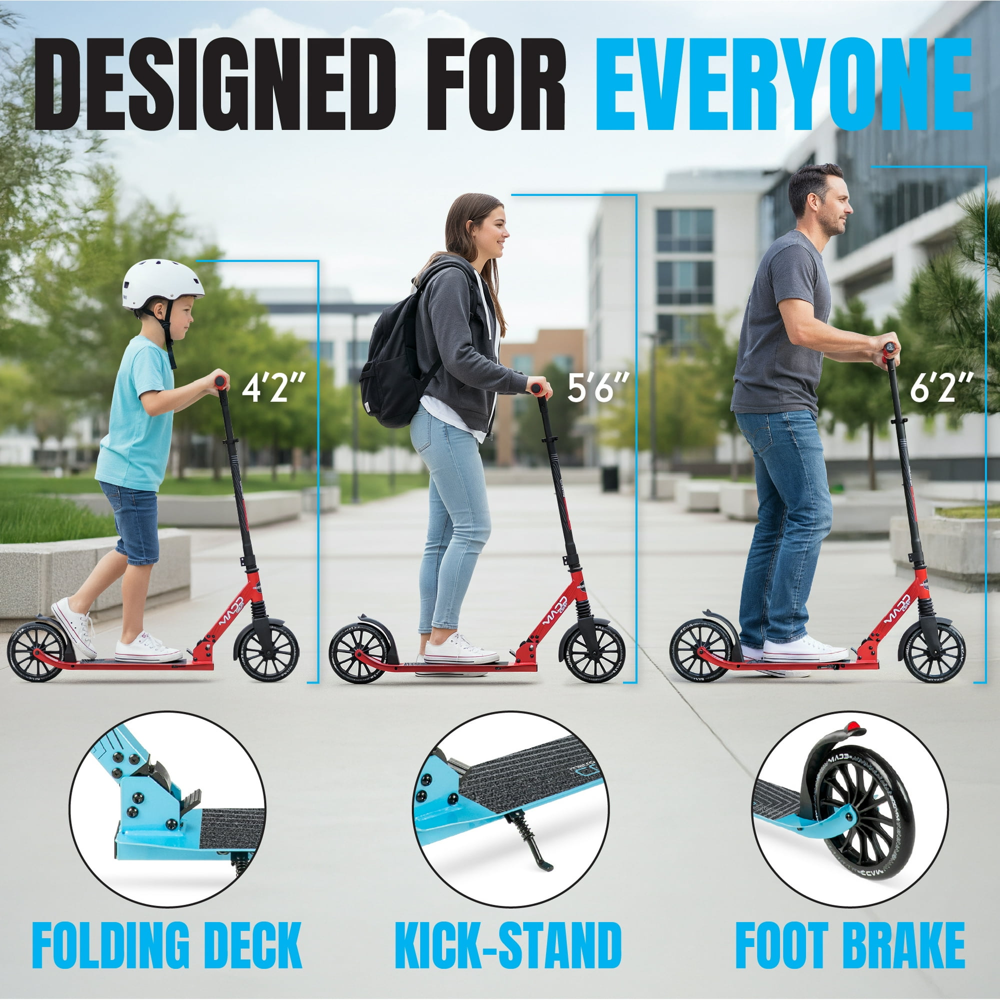 Madd Gear Metro 250- Black/Red Folding Commuter Scooter with Adjustable Bar