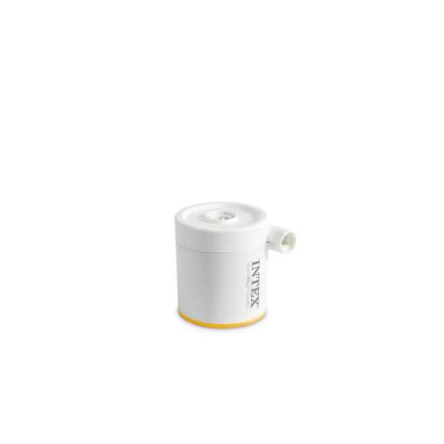 Intex Quickfill USB150 Air Pump, a compact white cylindrical portable pump with a side nozzle and yellow base, compatible with USB-C to USB-A power sources, designed for inflating air mattresses and pool floats, includes a carry bag for easy transport.