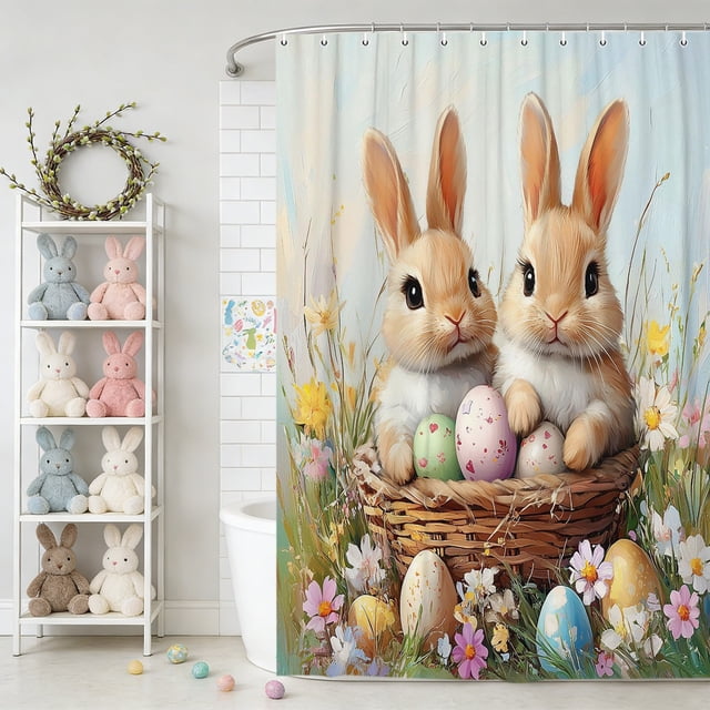 CaiYueKe Easter Rabbit Pattern Shower Curtain - Waterproof Polyester Fabric Bathroom Decor with 12 Hooks, No Drill Easy Install Washable Hotel Style Modern Bath Linen