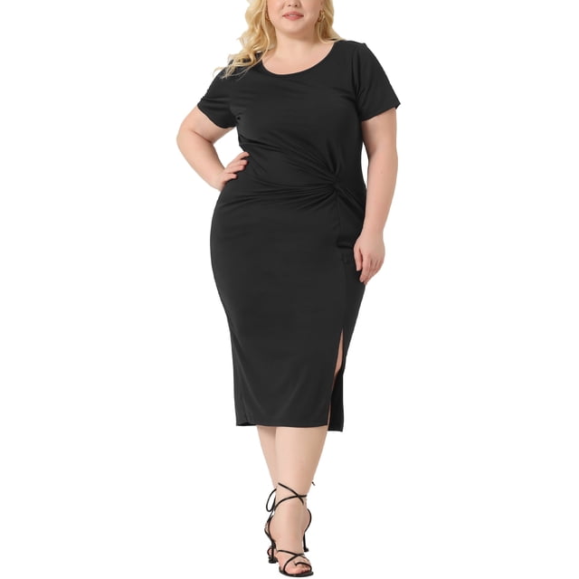 GRACE & GRANDEUR Robe Grande Taille pour Femmes Nœud Col Rond Manches Courtes Fente Latérale Robe Noire 4X