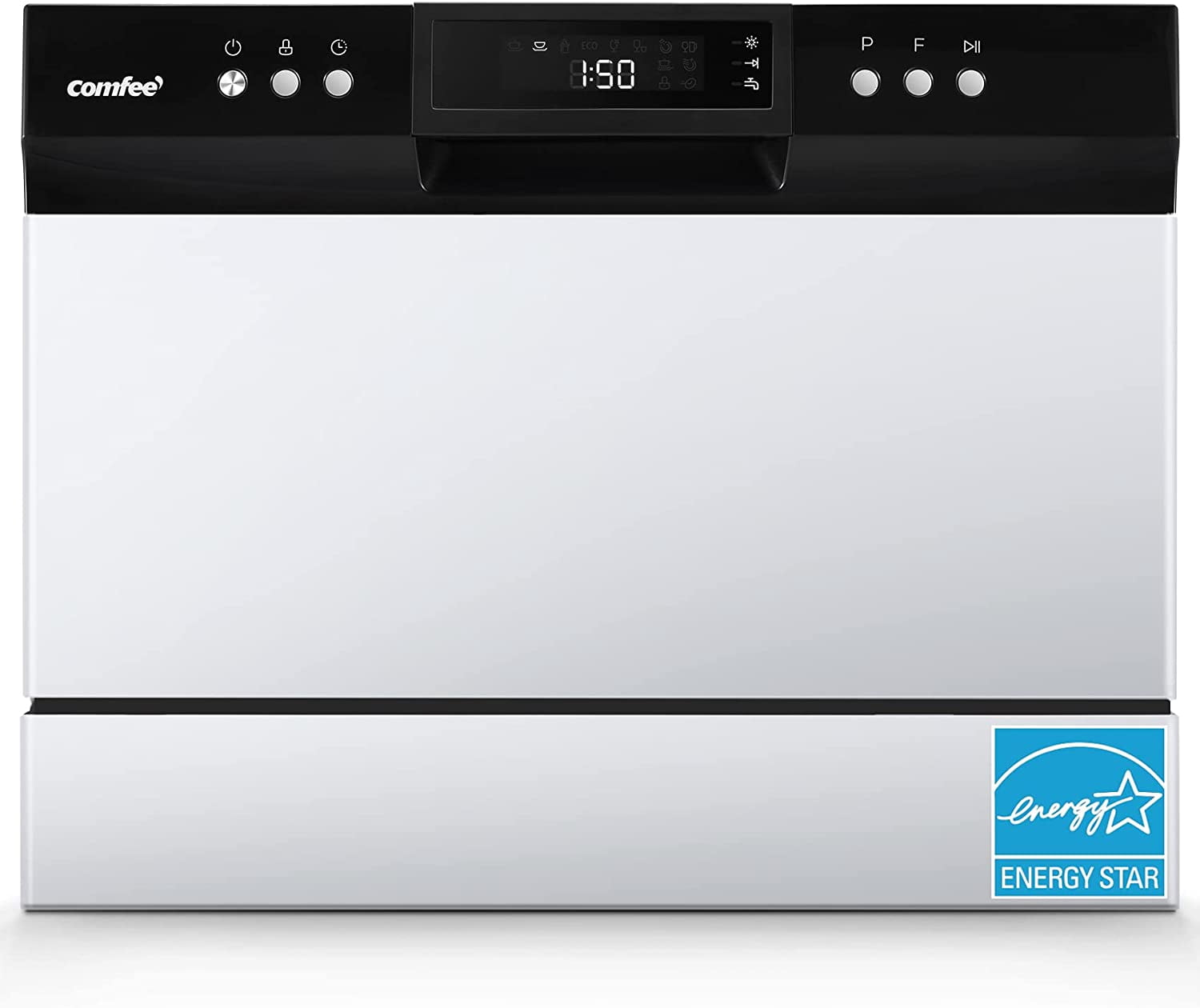 Comfee' Energy Star Countertop Portable Dishwasher, 6 Place Settings, 8 Wash Programs, for Apartments and RVs, Black/White