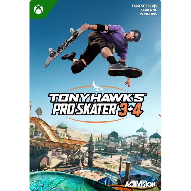 Tony Hawk's™ Pro Skater™ 3 + 4 cover art showing a skateboarder in a purple shirt and helmet performing an aerial trick above a detailed skate park with ramps and towers, for Xbox Series X|S, Xbox One, and Windows digital platforms.