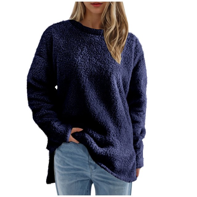 Pisexur Chandail en Molleton Douillet pour Femmes à Manches Longues Col Rond Mode Couleur Unie Automne chandail Décontracté Ourlet Fendu