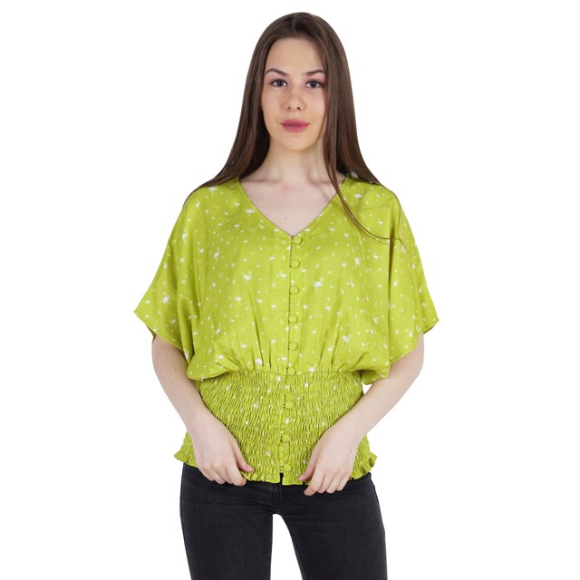 Moomaya Hauts Chauve-Souris Imprimés pour Femmes Col en V Blouse d'Été Décontractée Tunique Mode