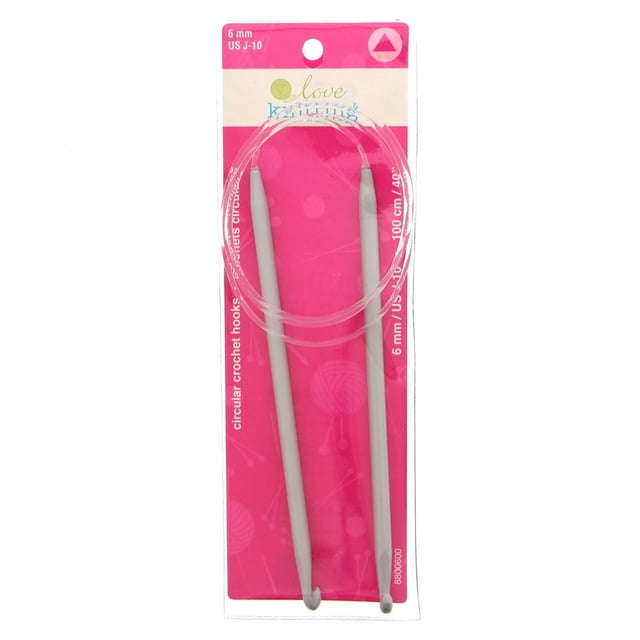 Love Knitting 40" circular crochet hooks in 6 mm (US J-10) size, featuring two light gray aluminum hooks connected by a flexible clear cable, displayed on a pink card with yarn graphics, designed for crocheting in the round and suitable for various yarn weights.
