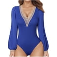 thumbnail image 1 of FAIWAD Women's Puffy Long Sleeve Short Jumpsuit Deep V Neck Lace Splicing Slim Stretch Rompers, 1 of 4