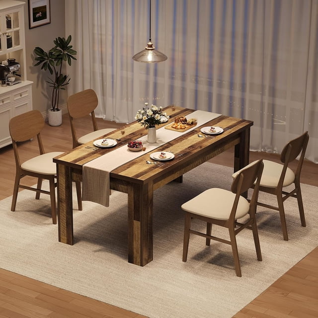 Dining Table for 4-6,Farmhouse Dining Table, 63" Rectangular Wood Kitchen Table with 1.18" Thick Tabletop & 4.53" Sturdy Legs, Ideal for Dining Room, Living Room, Small Space, Rustic Brown
