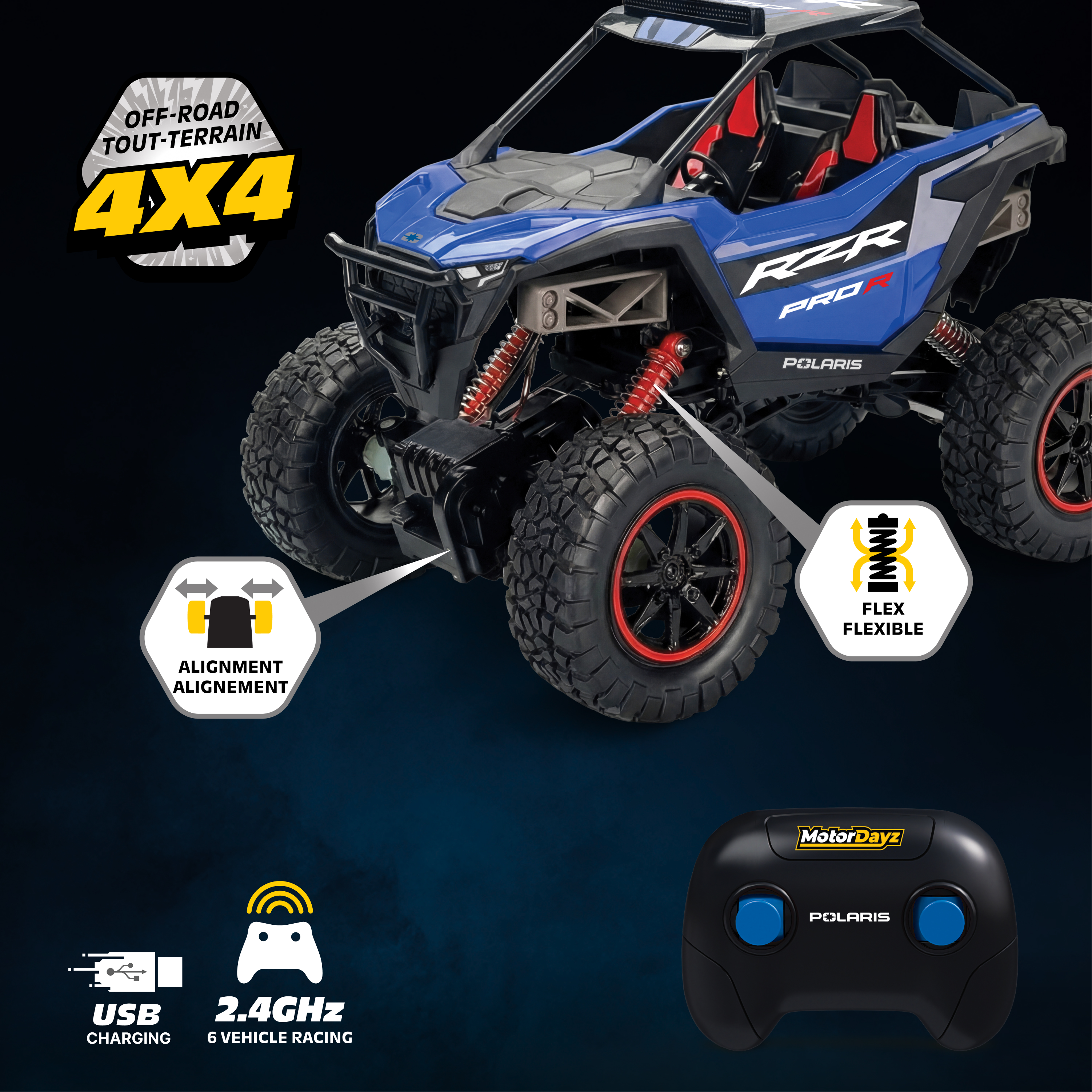 MotorDayz (1:14) Télécommande POLARIS RZR 4X4, Bleu, R4-14A75U-BL-CA, Enfant