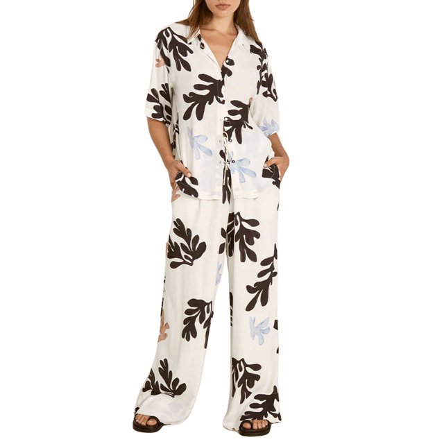 SUNSIOM Ensemble d'Été 2 Pcs pour Femmes Imprimé Feuille de Palmier Manches Courtes Col à Revers avec Pantalon à Cordon