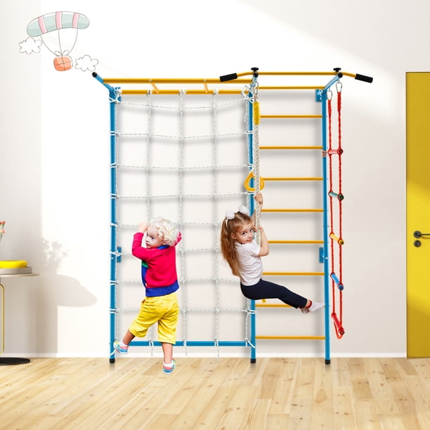COSTWAY Espalier Mural pour Enfants 5 en 1 avec Échelle Murale, Barre de Traction, Échelle de Corde,Corde et Anneaux de Gymnastique pour 3+ Ans (Jaune, 223x107x84 cm
