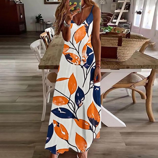 Ovzne Robes d'Été pour Femmes Robe d'Été pour Femmes Imprimé Sans Manches Col Rond Robe Décontractée Robes de Vacances Robe Imprimée Liquidation