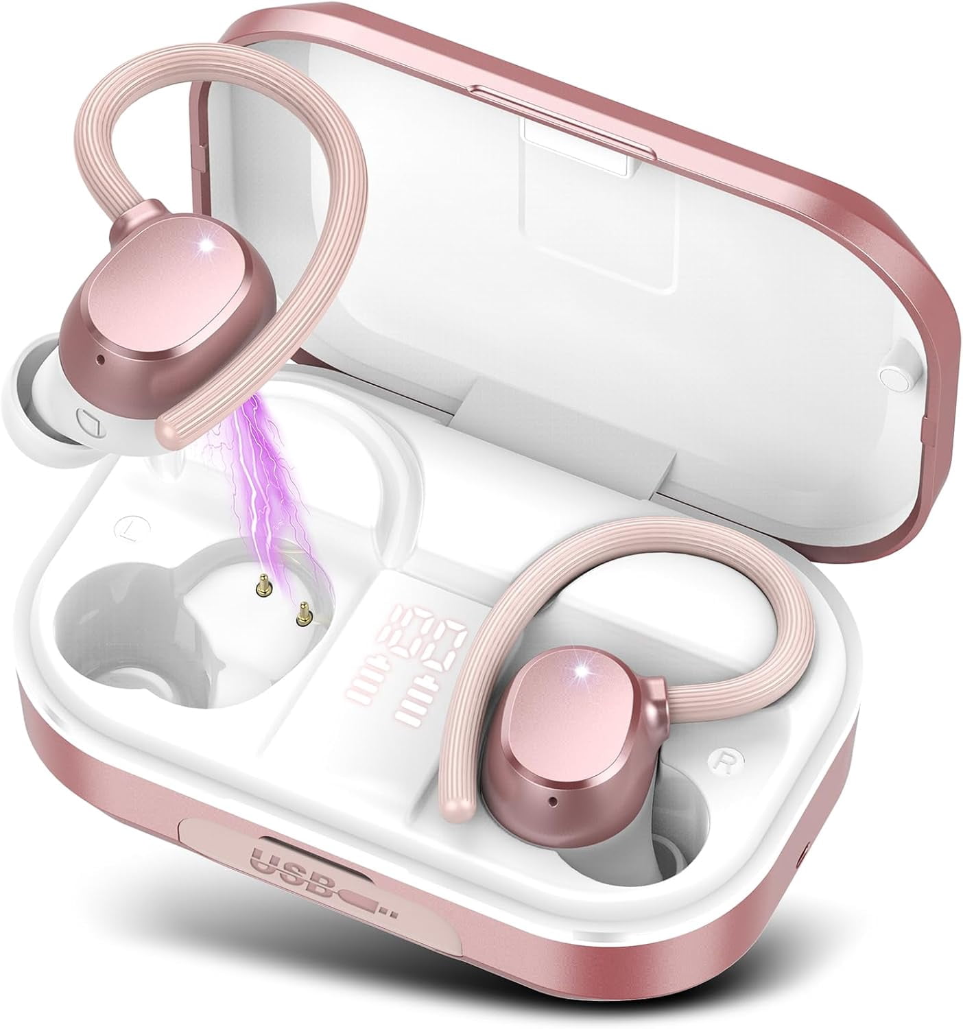 Wireless Earbuds, Bluetooth 5.3 Sport Headphones with Ear Hooks, 128H Playtime, LED Display, IPX7 Waterproof for Gym/Running/Workout, Rose Gold