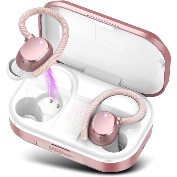 Écouteurs Sans Fil, Écouteurs Sport Bluetooth 5.3 avec Crochets d'Oreille, 128 H d'Autonomie, Écran LED, Étanchéité IPX7 pour Gym/course/entraînement, Or Rose