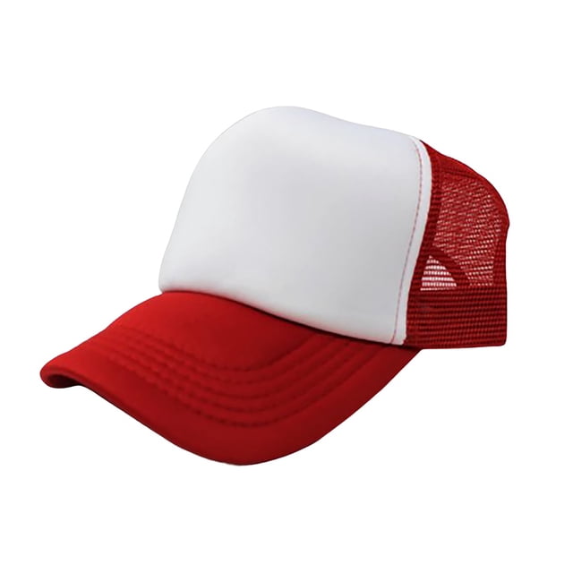 6-Pack Trucker Hat Adjustable Cap in white and red, made of lightweight poly-foam material. Features a blank, plain front suitable for custom embroidery or printing, a breathable red mesh back, and a plastic snap closure for adjustable sizing. Each pack includes six hats, designed to fit most head sizes. Ideal for sun protection, casual wear, or complementing various outfits.