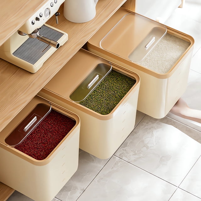 Sokhug Large Bulk Food Storage Containers with Airtight Lids for Flour, Sugar, Rice, Cereal & Pasta. The image shows beige ABS plastic containers with a 5kg capacity, featuring transparent lids with push-pull windows for easy access. The containers are organized under a wooden kitchen counter, storing red grains, green grains, and white rice. Compact and versatile, these BPA-free canisters are ideal for kitchen and pantry organization.