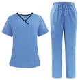 thumbnail image 3 of Ensemble de Sarrau Jogger 2 Pcs pour Femmes, Uniformes d'Infirmière Classiques et Tendance, Hauts à Manches Courtes à Encolure Croisée et Pantalons, Uniforme Médical, Bleu Ciel, TTG, 3 of 3