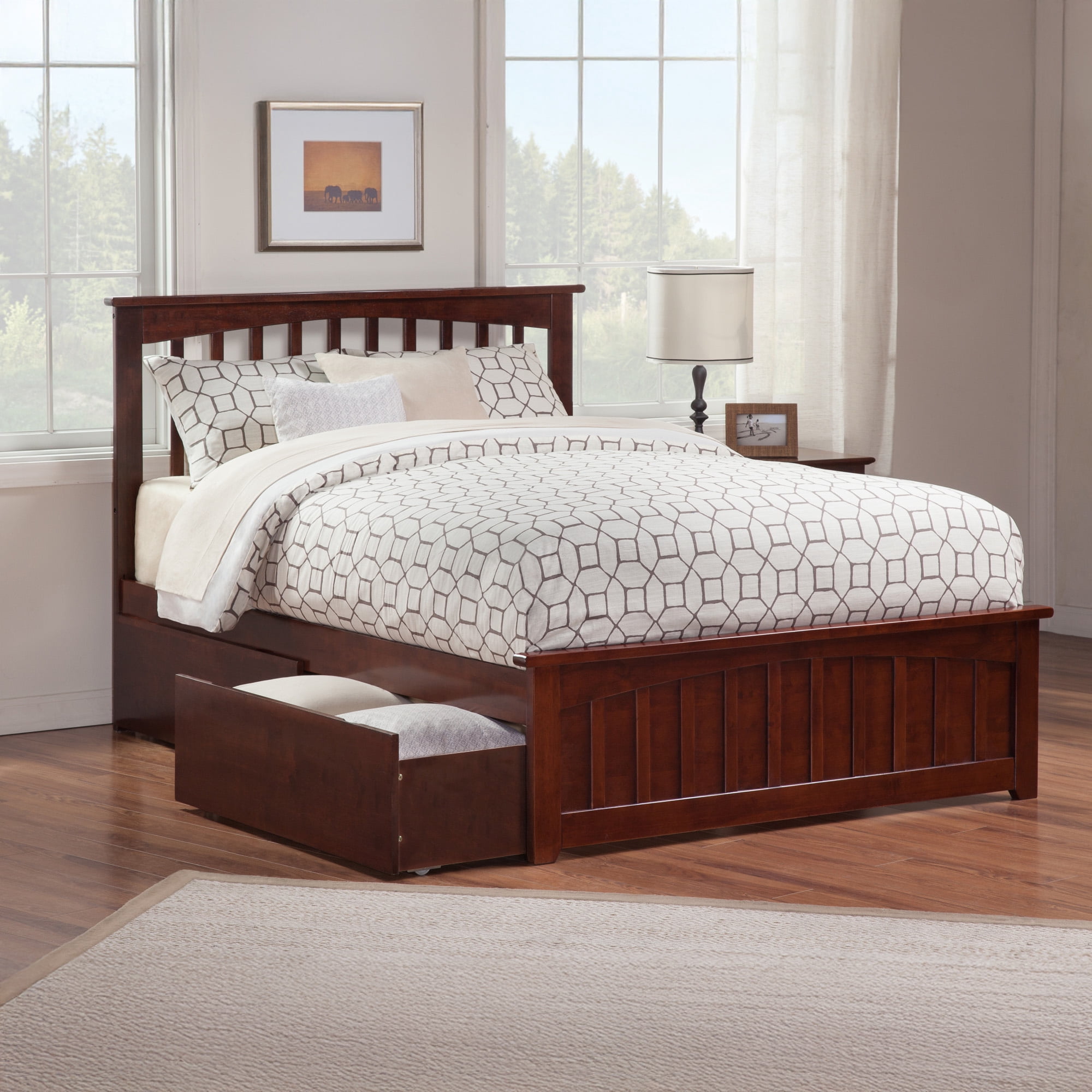 Mission Queen Platform Bed with Matching Footboard & Storage Drawers in Walnut