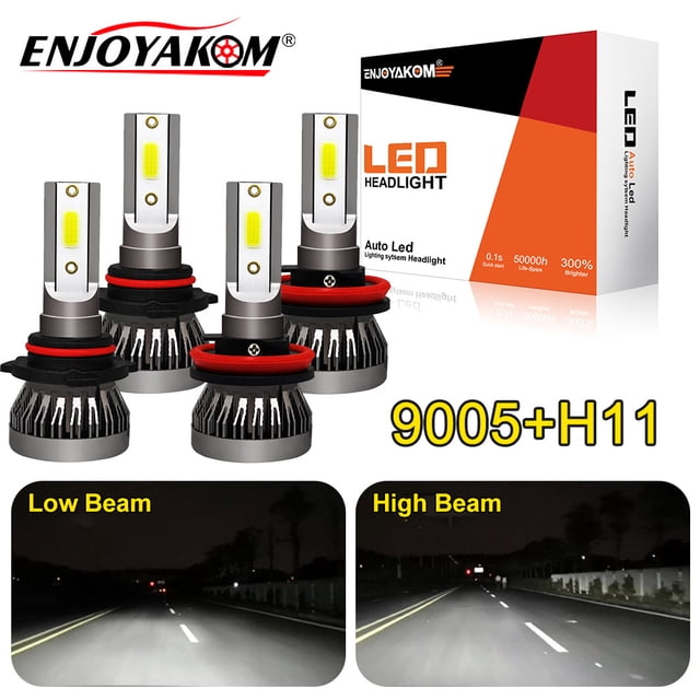 4pcs LED Headlight Bulbs 9005 H11 for Subaru Impreza 2012-2014, featuring high and low beam functionality with 6000K color temperature. Includes two 9005 and two H11 bulbs with a luminous efficacy of 6000LM per pair. Waterproof with an IP68 rating and suitable for cars, trucks, SUVs, and RVs. The bulbs are compact, all-in-one style, and require no extra driver. The image shows the ENJOYAKOM brand packaging alongside the bulbs, with a demonstration of low and high beam light output on a road.