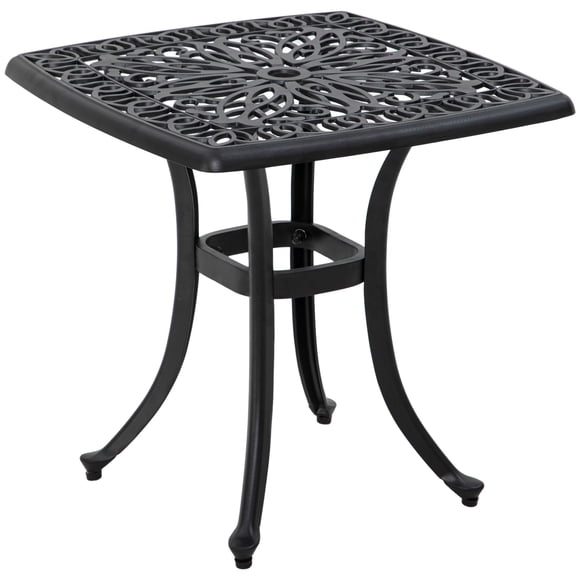 21" Square Cast Aluminum Outdoor Side Table with Umbrella Hole, Black Floral Pattern Patio End Table for Garden, Balcony, Poolside, and Backyard, Weather Resistant Design