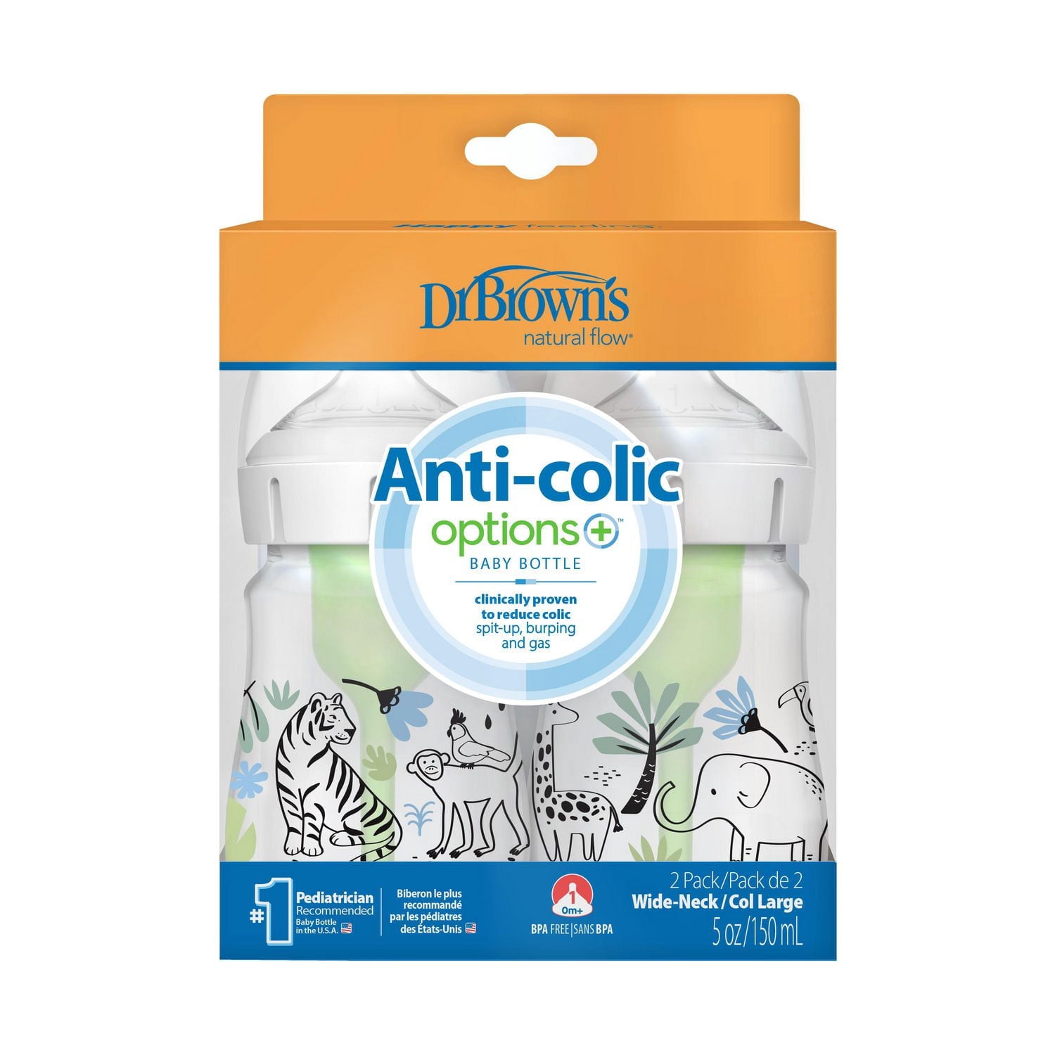Dr. Brown's Natural Flow Anti-Colic Options+ Wide-Neck Baby Bottle Jungle Designs, 2x5oz Bottles