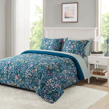 Ensemble de literie tout-en-un réversible Mainstays, avec couette et draps, 7 pièces, format deux places (Double), motif floral bleu.