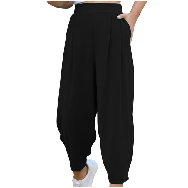 Timegard Pantalon pour Femmes, Pantalon Décontracté Ample à Taille Haute Élastique Froncée et Jambe Fuselée avec Poches. Fabriqué à Partir d'Un Mélange Léger de 95 % polyester et 5 % Élasthanne, Ce Pantalon Noir Est Respirant et Confortable, Parfait pour le Printemps et l'Été. Convient aux Bas pour Femmes et aux Sorties Décontractées.