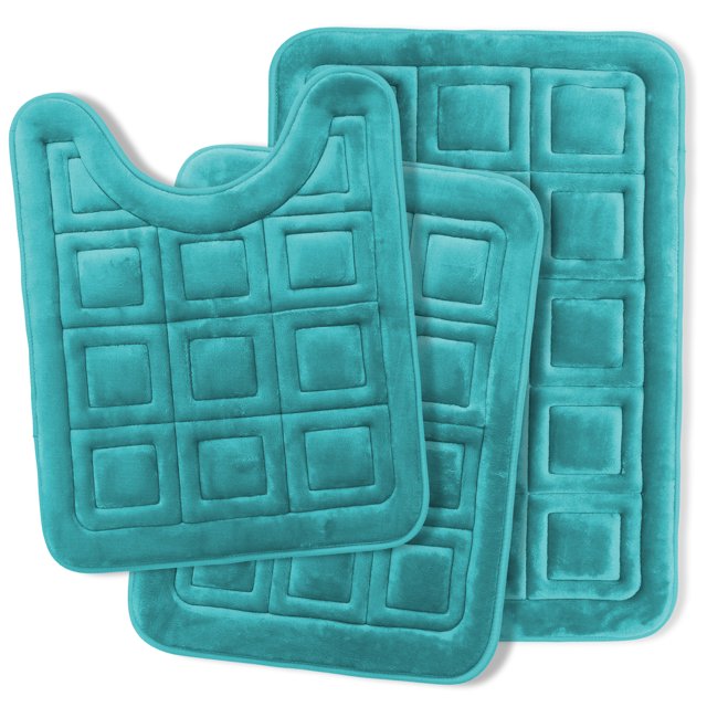 Clara Clark Bathroom Rugs, Velvet Memory Foam Bath Mat, Ultra Soft Non Slip and Absorbent - Waffled - Set Small, Large & Contour - Teal