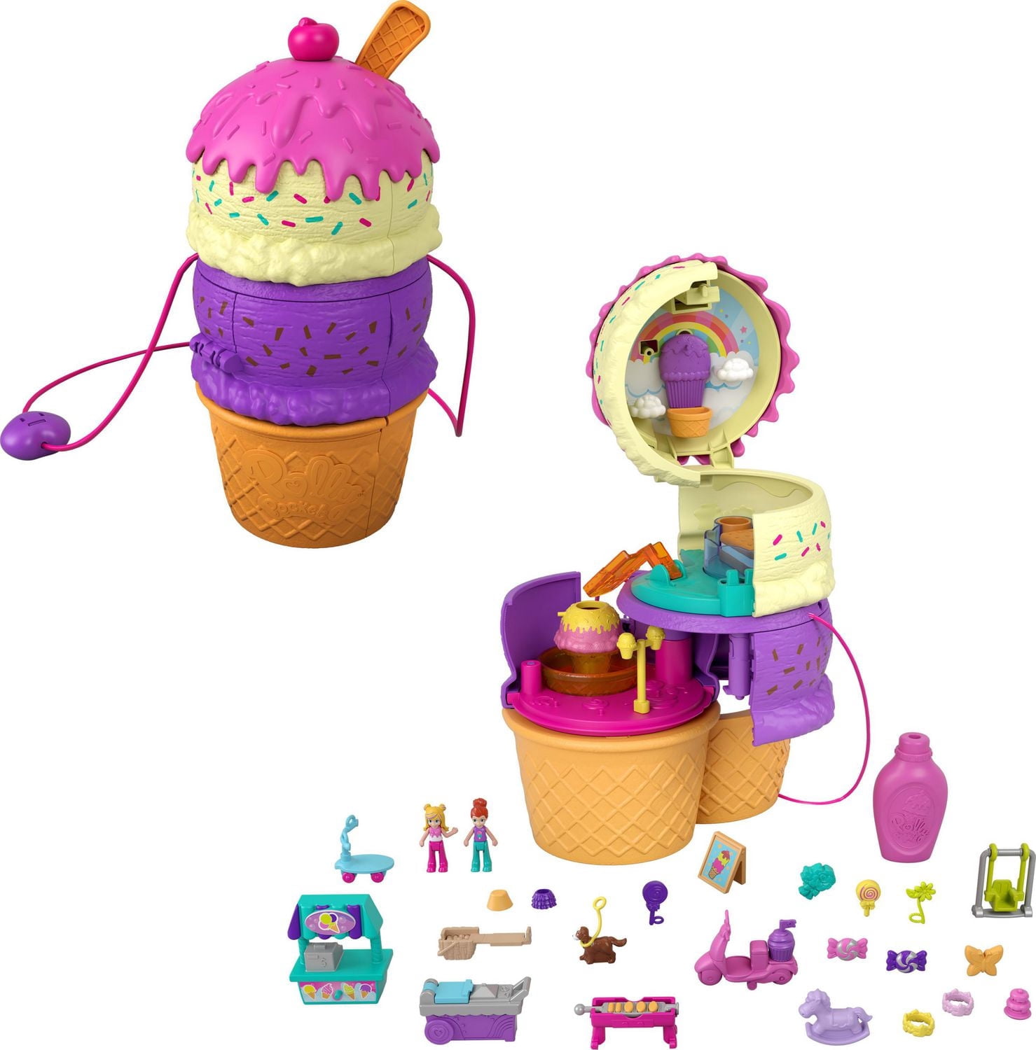 Coffret Multifacettes de Polly Pocket, Coffret en Forme de Cône Glacé avec Décor de Parc