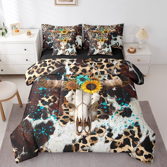 Erosebridal Rustic Skeleton Bedding Sets Twin Size, Western Animal Comforter Sets with Sheets, Leopard Print Decor, Reversible 7pcs