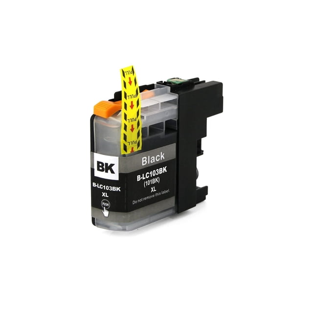 L-ink 3 Pack Compatible Ink cartridge LC103 Black shown in a close-up angled view with a black plastic body, transparent ink chamber, yellow pull tab, and label BK B-LC103BK XL. This ISO-certified cartridge offers sharp black printing with a 600-page yield, ideal for Brother printers and printing consumables.