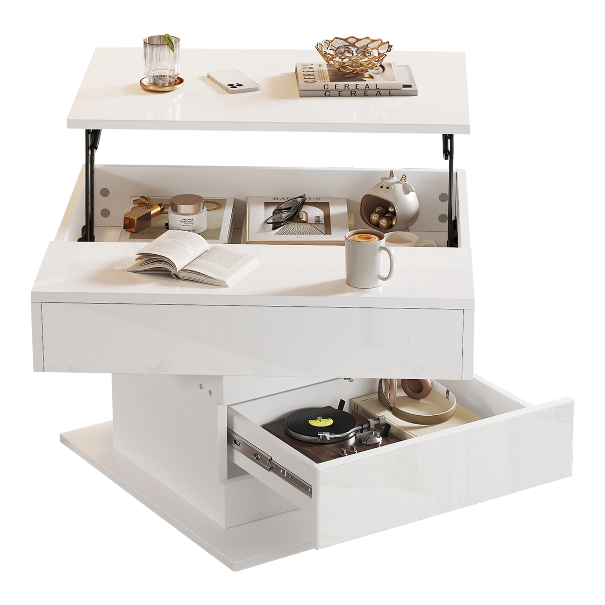 Homy Casa 27.5-Inch Square Lift-Top Coffee Table, 360° Rotating High-Gloss Top, Hidden Storage and Drawer, White and Natural Wood