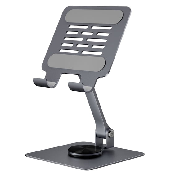 Graflsoa 360° Rotating Aluminum Tablet Stand with Adjustable Angle, Foldable Design for iPad, Desk Use, Silver/Grey, Compact & Portable