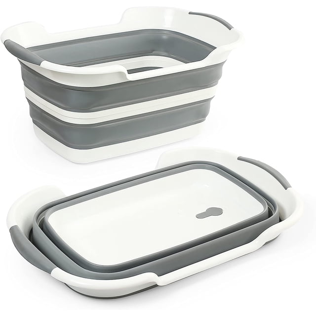 HAHDAXIA Baignoire Multifonctionnelle pour Chien, une Baignoire Pliable et portable pour Petits Chiens, Chats et Animaux de Compagnie. Fabriquée avec des Matériaux Sans BPA, Elle Présente un design Gris et Blanc avec des Poignées Robustes pour un Transport Facile. Présentée à l'État Expansé et Plié, Elle Sert Aussi de Panier à Linge, d'Organisateur de Rangement Ou de Seau à Eau, Ce Qui la Rend Idéale pour les Voyages, le camping Ou la Maison.
