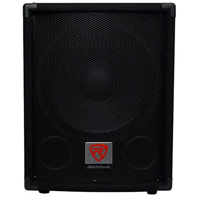 Rockville SBG1124 12-inch 600W passive 4-ohm Pro DJ subwoofer with MDF construction and pole mount. Features a durable black grille, Rockville logo, and dual front-facing ports for enhanced bass output. Ideal for professional audio setups and home theater systems.