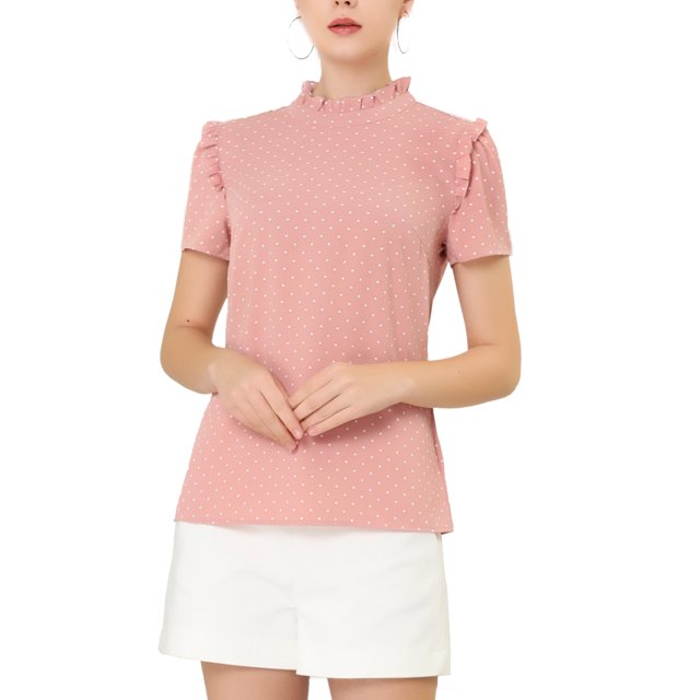 INSPIRE CHIC Women's Ruffle Polkd Dots Round Neck Casual Short Sleeve Blouse Tops
