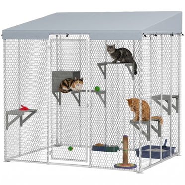 PawHut Enclos Extérieur pour Chat en Acier Galvanisé de 79 Pouces L avec Auvent 420D