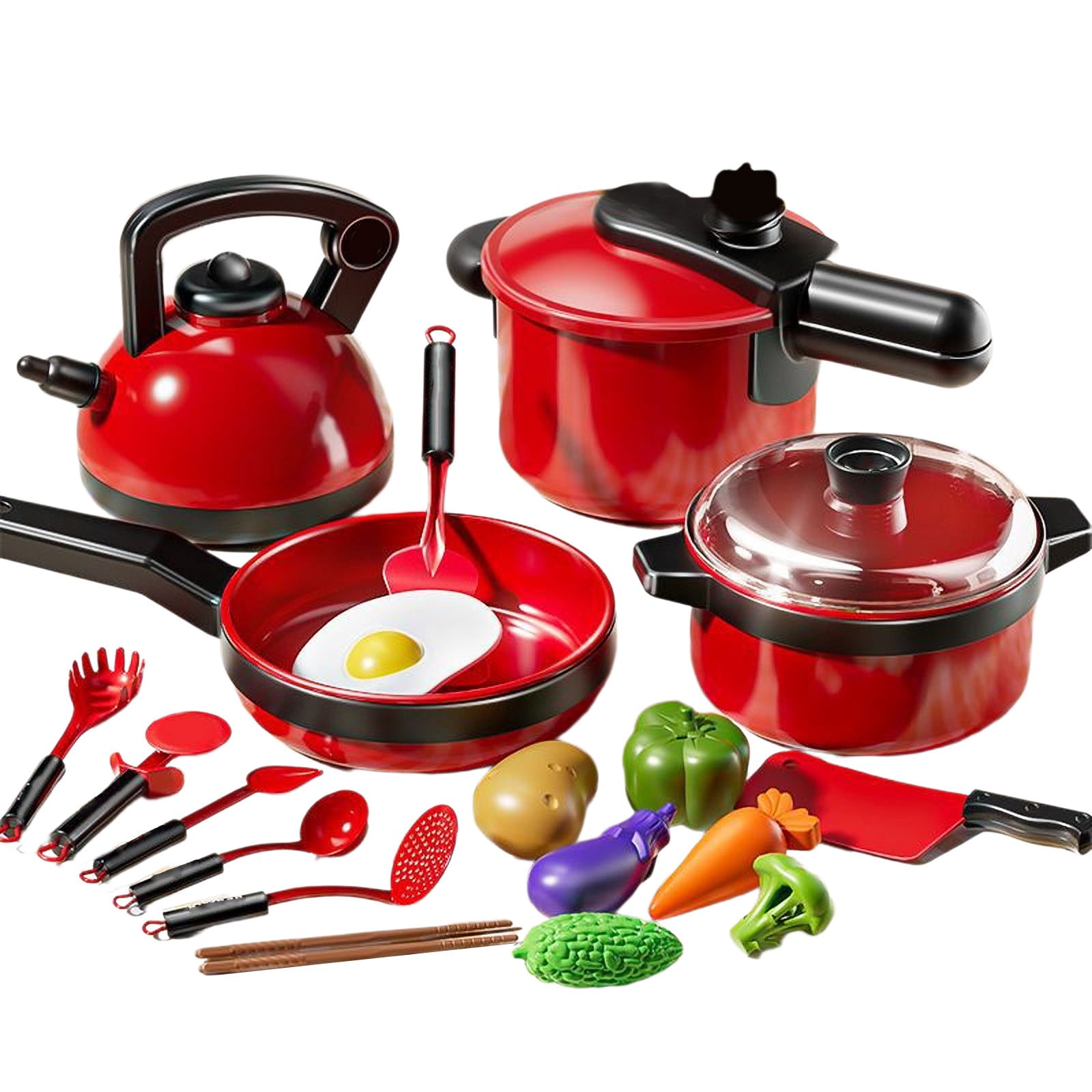 Ke1Clo 20PCS Kids Kitchen Toy Accessories, Red Play Kitchen Food Pretend Cooking Playset Pretend Play Toys with Play Pots, Pans, Utensils, Cookware, Play Food, Toy Vegetables