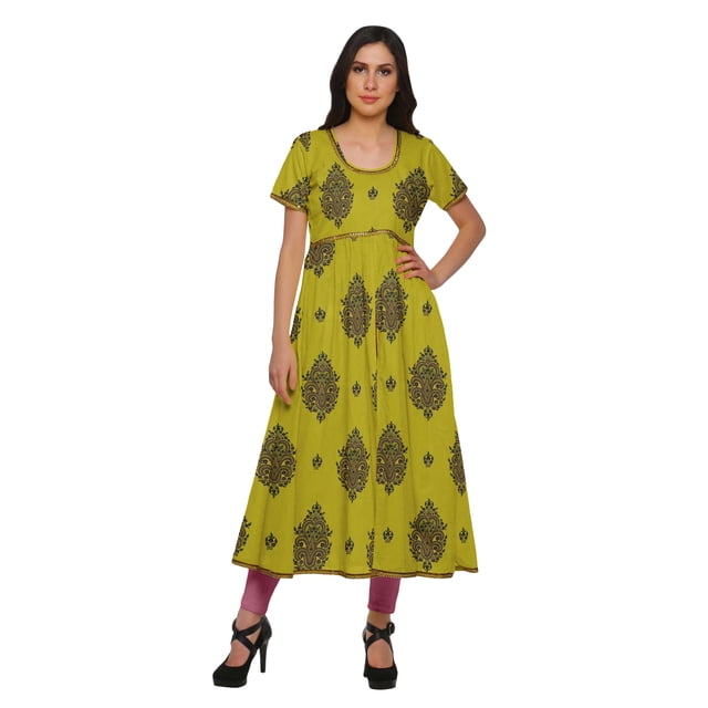 Moomaya Longues Robes Tuniques en Coton Imprimé à Manches Courtes avec Fente avant pour Femmes