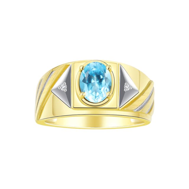 RYLOS Men's Rings 14K Yellow Gold Ring Classic Designer Style 8X6MM Oval Gemstone & Diamond Ring Blue Topaz Birthstone Rings For Men Size 8