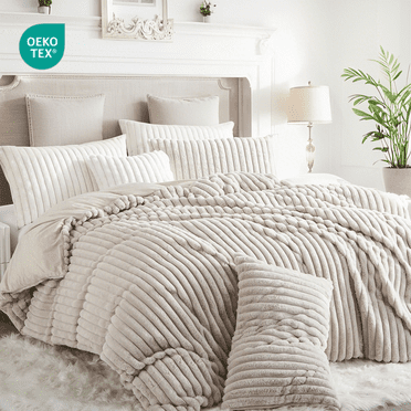 JOLUSERE Beige Fluffy Striped Duvet Cover Queen Set, 3-Piece Super Soft Faux Rabbit Fur Winter Warm Fuzzy Comforter Cover