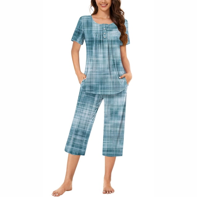 Rbaofujie Chemises de Nuit et T-Shirts de Nuit pour Femmes, Col Rond Imprimé, Manches Courtes, Ensemble Chemise de Nuit et Pantalon, Tenue d'Intérieur, Pyjamas avec Poches, Peignoir