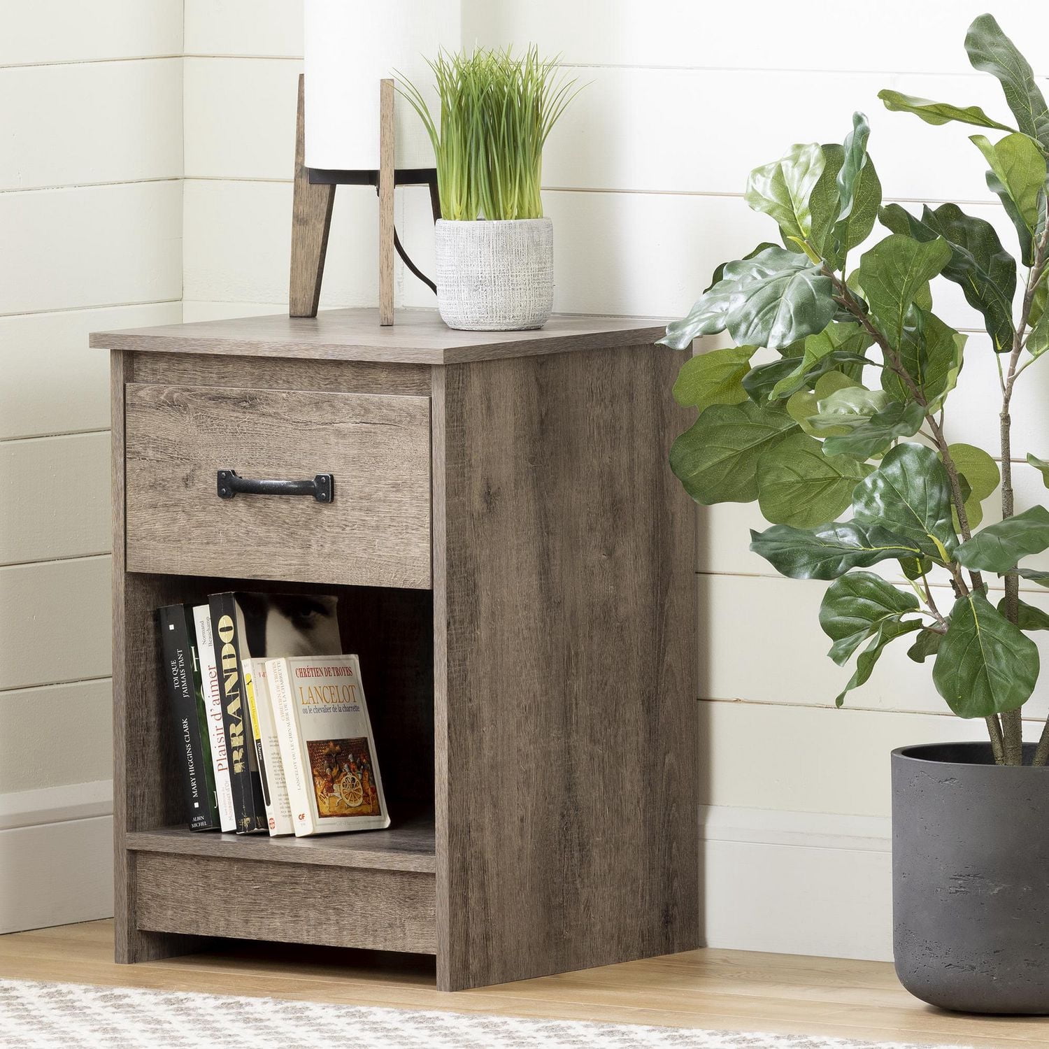 South Shore Tassio 1-Drawer Nightstand with Open Storage Space for Adult, in Weathered Oak