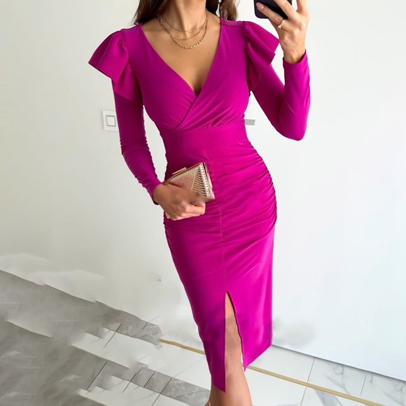 Gspmoly Women Dresses, Women'S Fashion V Neck Solid Color Long Sleeve Long Dress Slim Evening Dress Sundresses for Women Deals of The Day