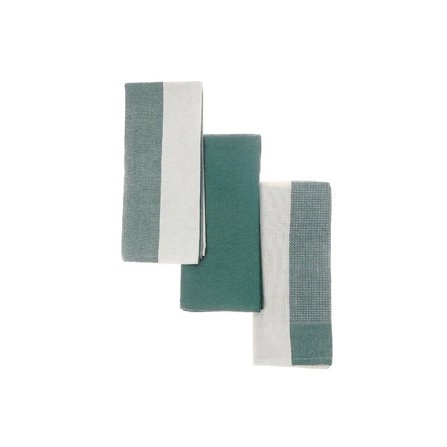 Ensemble de Serviettes de Cuisine de 3 Pcs, Impression en Blocs Verte Montrant Trois Serviettes en Coton Pliées en Vert et Blanc Cassé avec Motifs Imprimés en Blocs Unis, Rayés et Texturés, Respirantes et à Séchage Rapide, Convenant à l'Utilisation en Cuisine et Également Idéales pour Sécher les Mains Ou Couvrir les Aliments.